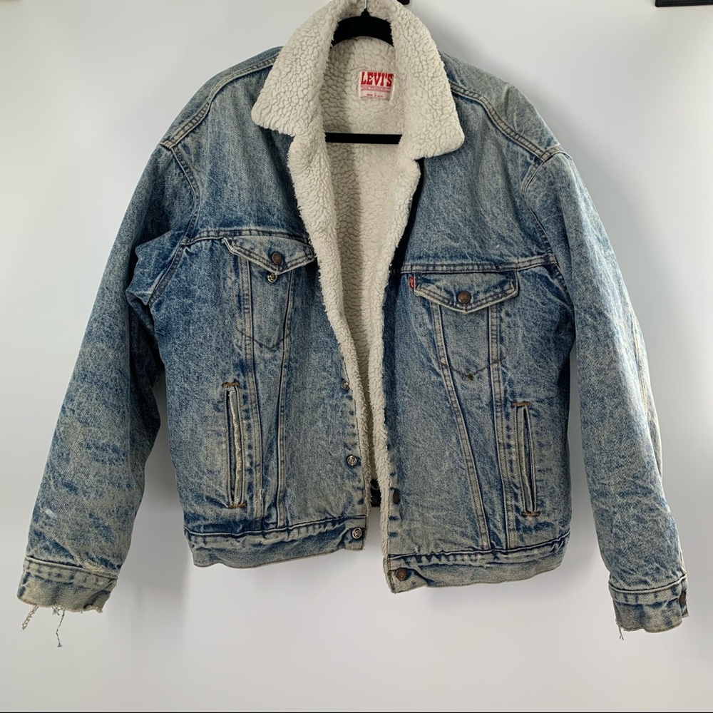Levi’s Vintage 80’s Denim Distressed Jacket Sherpa Piled Size L - Picture 6 of 12